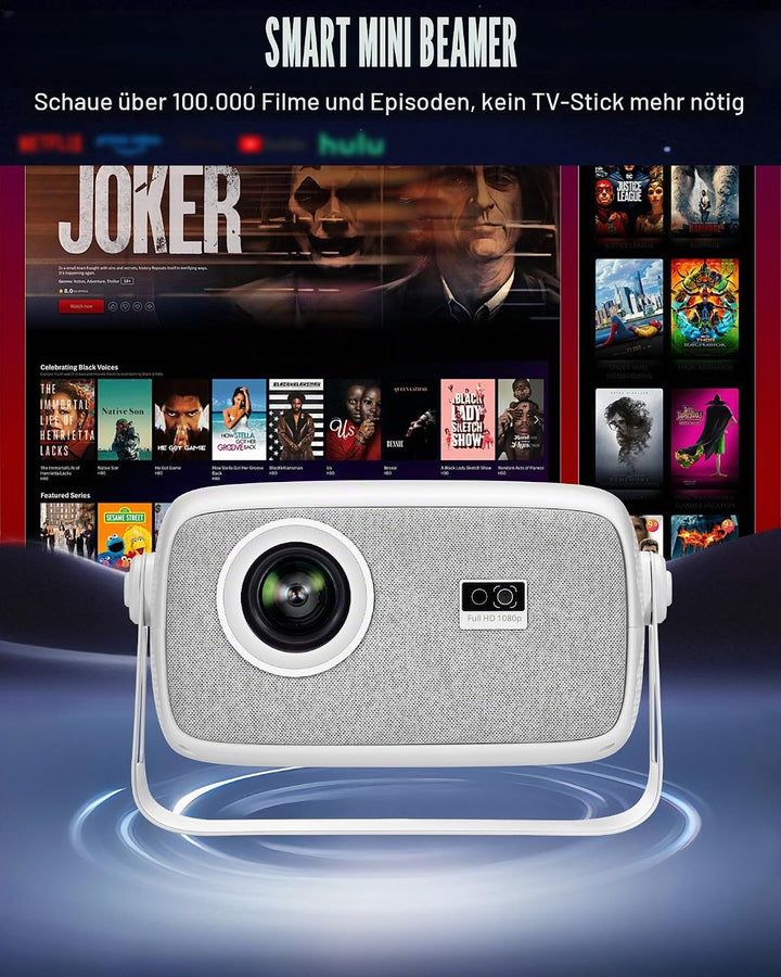 【Offiziell Lizenziertes Netflix &amp; Autofokus】 Mini-Projektor mit WLAN und Bluetooth, 270°-Drehung, ge