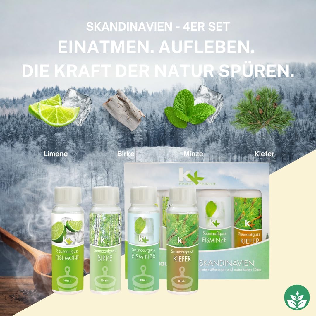 Sauna Set | KK Saunaaufgussset 4 x 100 ml + 50g Mentholkristalle | Saunakonzentrat + Menthol-Kristal