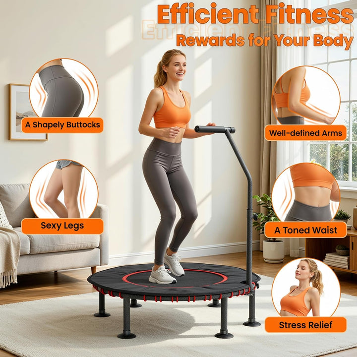 LIFERUN Fitness Trampolin Indoor | mit Randabdeckung | Bis 150kg Belastbar | 3 Verstellbare Haltegri