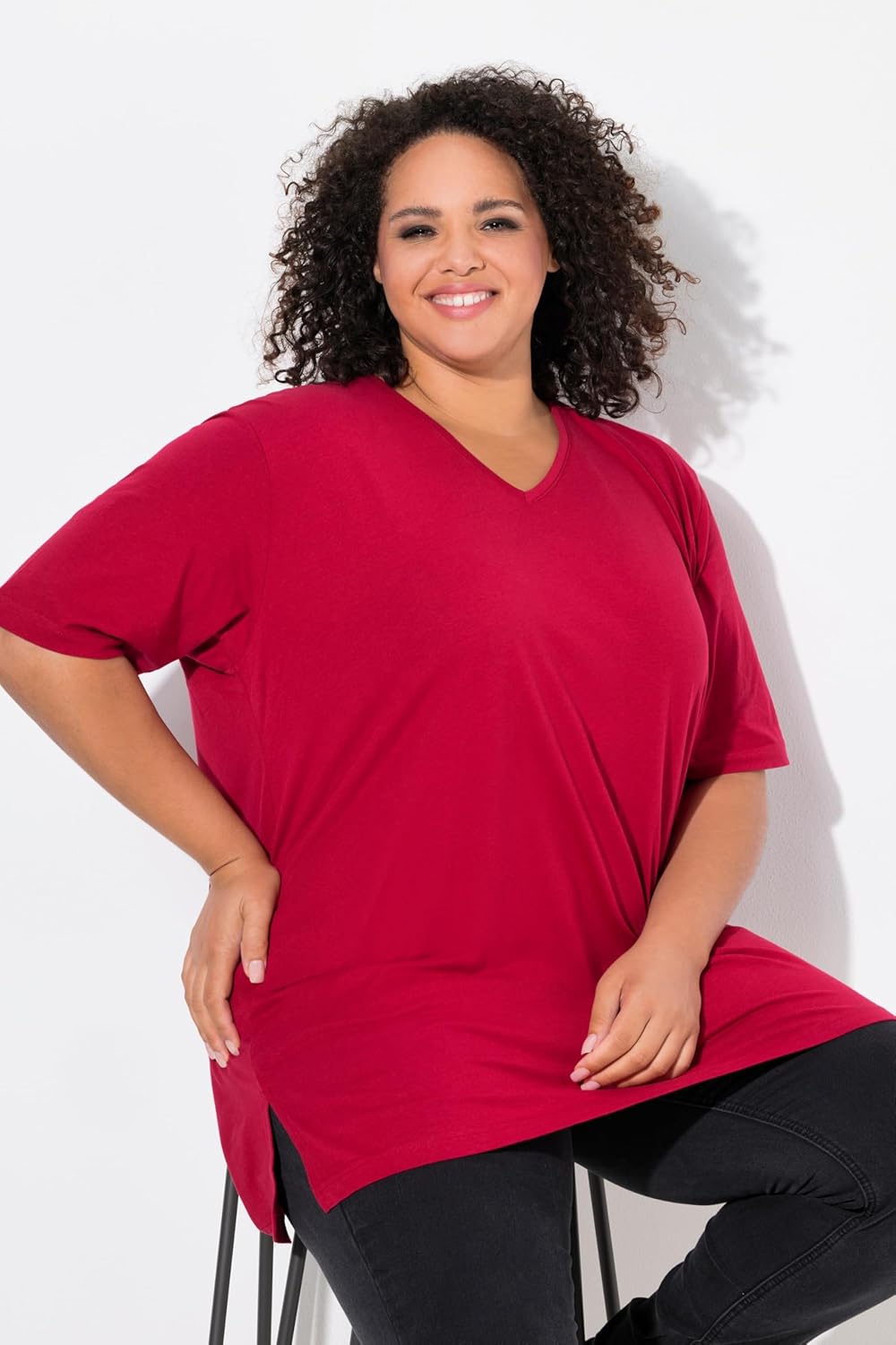 Ulla Popken Damen Basic-v-Shirt T 46-48 Mohn, 46-48 Mohn