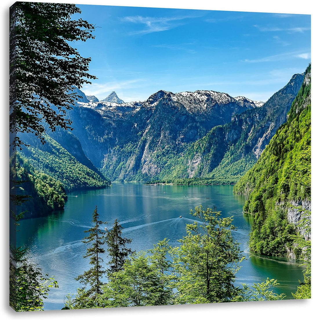 Blick auf den Königssee, Format: 70x70 auf Leinwand, XXL riesige Bilder fertig gerahmt mit Keilrahme