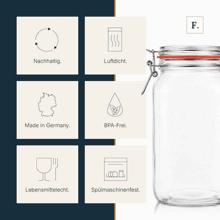 Flaschenbauer- 3 Drahtbügelgläser 2590ml verwendbar als Einmachglas und Fermentierglas, zu Aufbewahr