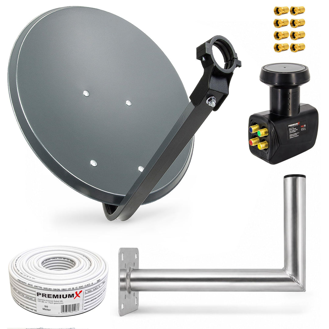 Premium X Satelliten-Komplettanlage 80cm Antenne Anthrazit Quad LNB 50m Kabel 8X F-Stecker Wandhalte