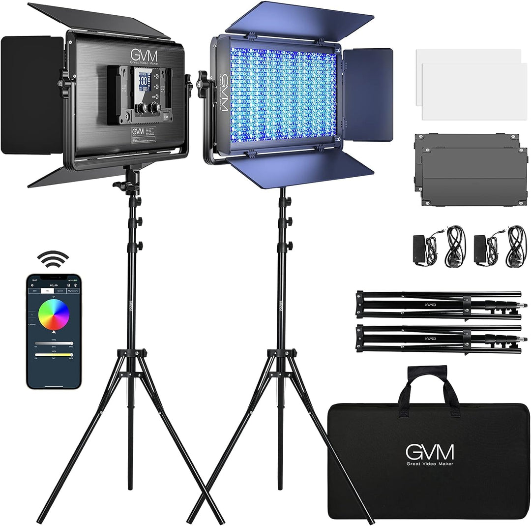 GVM RGB Videolicht Panel mit Stativ Set, 75W LED Videoleuchte mit APP-Steuerung, 3200K-5600K LED Stu