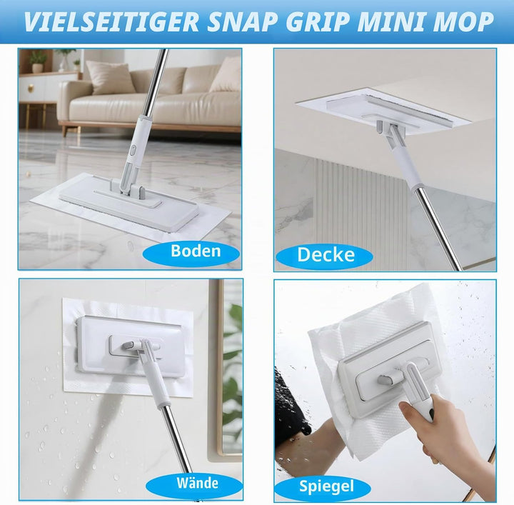 2-in-1 Wischmopp mit Druck-Klemm-System, 1-Knopf Wechsel Snap Grip Mini Mop mit 3 Mikrofasertücher,
