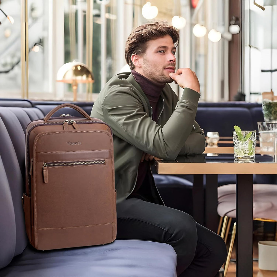 Tzowla Lederucksack Herren,Laptop Vintage Rucksack aus Echtleder für Damen mit USB-/Typ-C-Ladeanschl