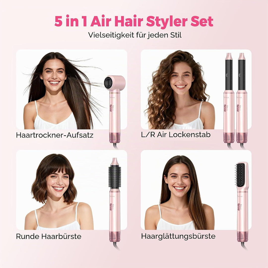 Atopskins 5 in 1 Haarstyler Air Styler Set, 1000W Airbrush,60000RPM Föhnbürste Haarstyler, Lockensta