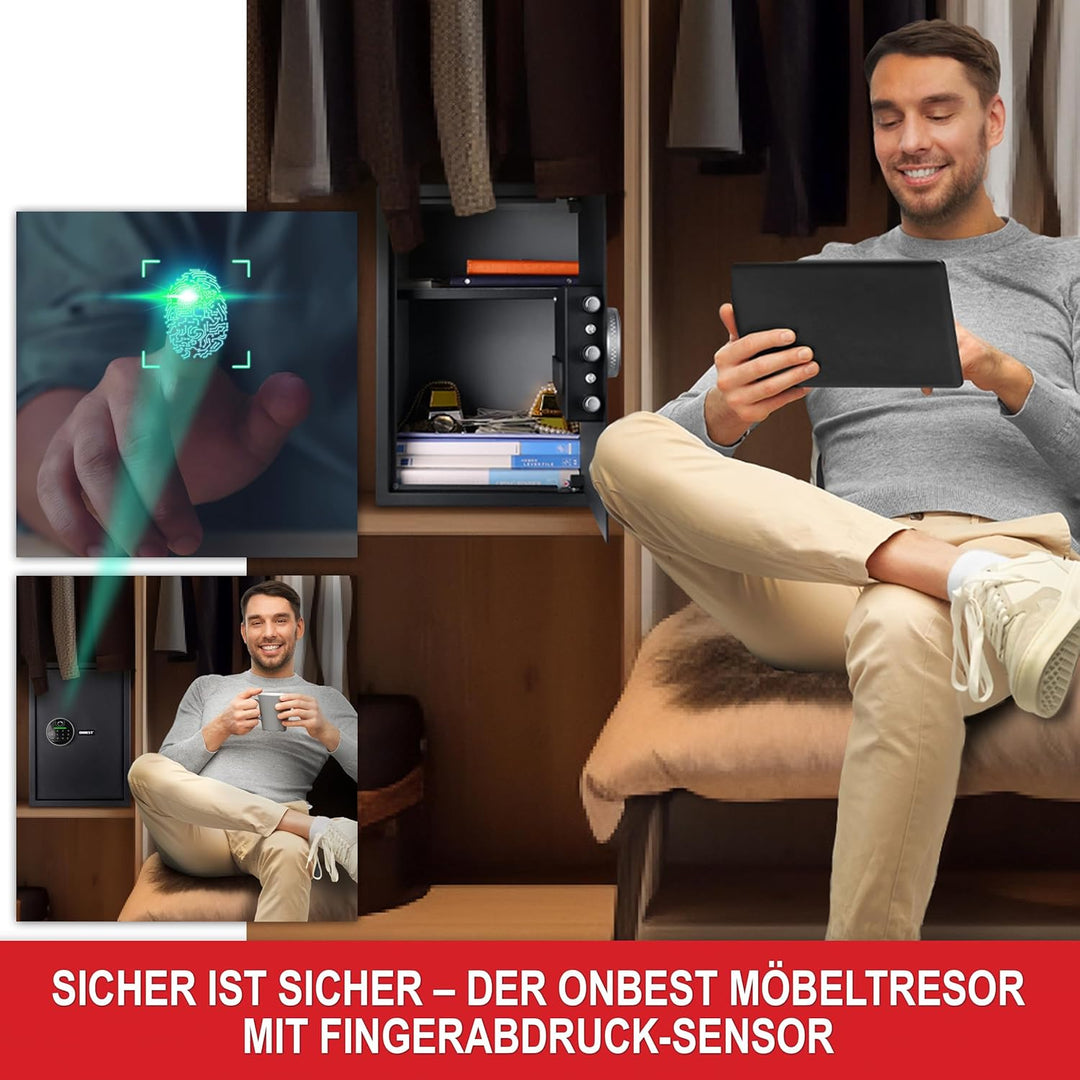 ONBEST elektr. Tresor mit Fingerabdruck, Zahlencode & Schlüssel – Safe aus Stahl mit 3 Schliessbolze