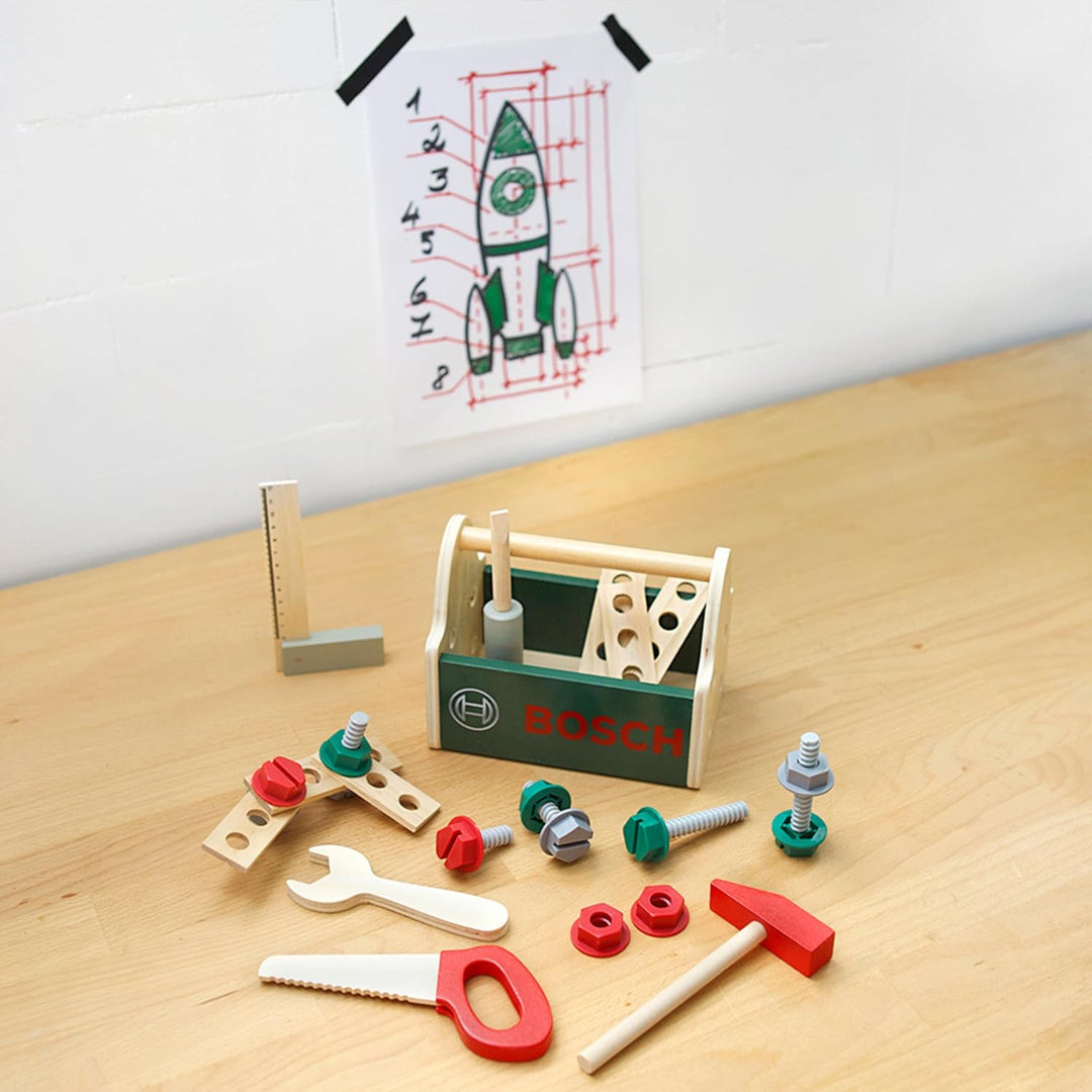 Theo Klein 8161 Bosch Werkzeug-Box aus Holz I Stabile Box mit praktischem Tragegriff I Inkl. Werkzeu