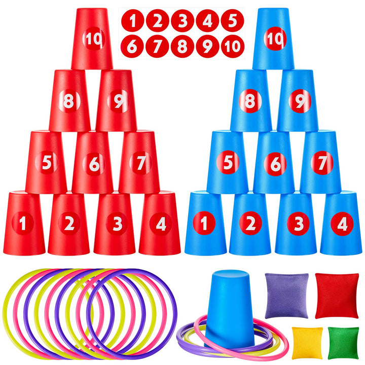 Harrycle 54 Stück Wurfspiel 3 in 1 Set Kinder Ringwurfspiel für Party Erhalten 20 Sport Stapelbecher