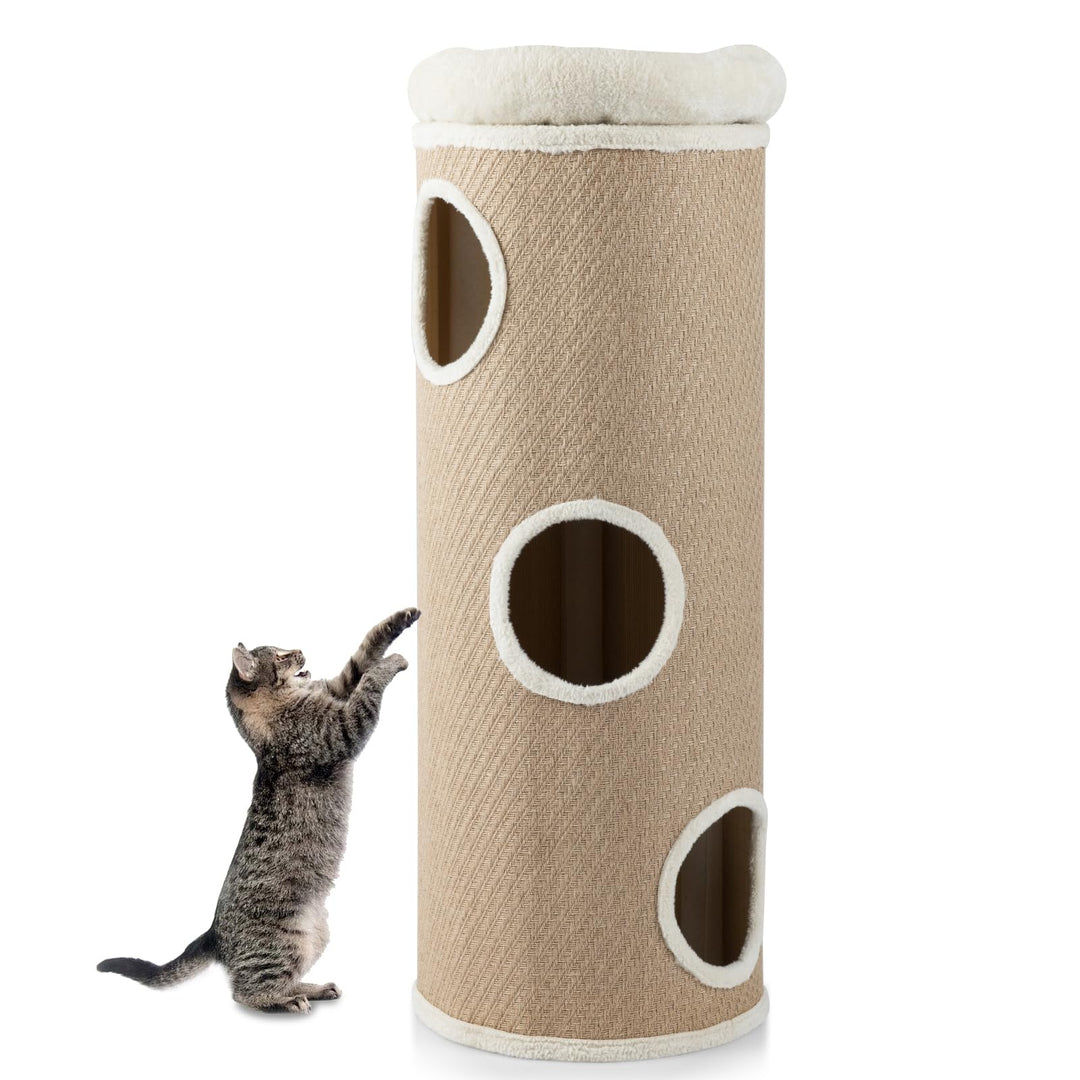 SOARS Kratztonne für Katzen XXL, 113 cm Katzentonne mit 3 Höhlen und abnehmbarem Plüschbett, Kratzba