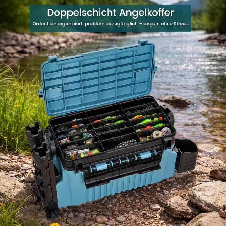 2-stöckig Gross Angelkoffer Tackle Box mit Rutenhalter & Becherhalter, klappbarem Tragegriff, 43×23×