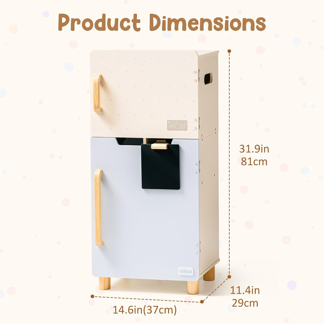 ROBUD Holzspielzeug-Kühlschrank-Set, Rollenspiel-Kühlschrank für Kinder mit Tafel, Gefrierfach, Kühl
