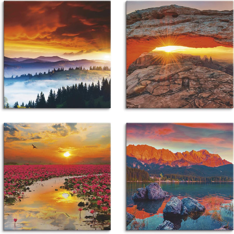 ARTLAND Leinwandbilder auf Holz Wandbild Bild Set 4 teilig je 30x30 cm Quadratisch Landschaft Sonnen