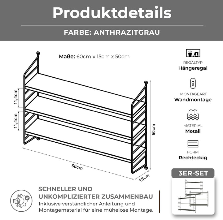 [en.casa] Modulares Wandregal Strängnäs 3er Set Metallregal Anthrazitgrau Hängeregal mit 3 Regalböde