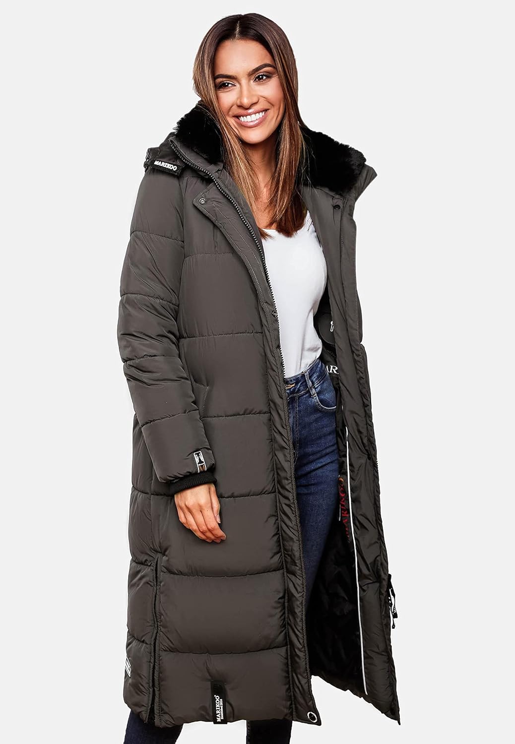 MARIKOO Damen Wintermantel Warmer Steppmantel lang mit Abnehmbarer Kapuze Reliziaa XS-3XL XXL Anthra