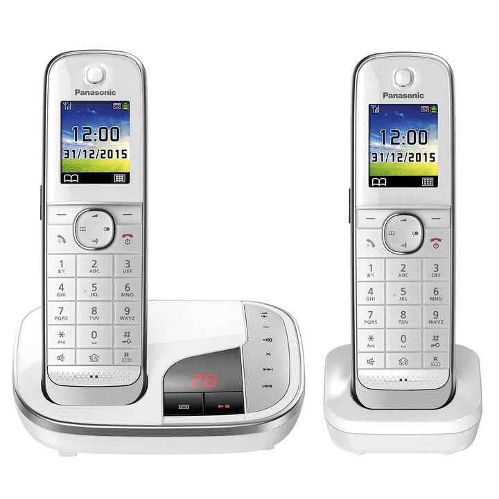 Panasonic KX-TGJ322GW Familien-Telefon mit Anrufbeantworter (schnurloses Telefon DUO, strahlungsarm,
