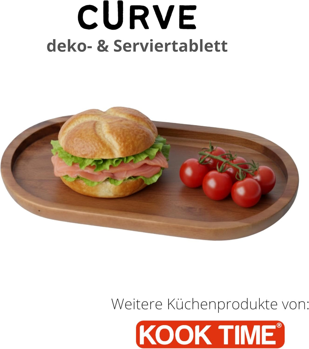 Serviertablett Holz Akazie Curve - Ovales Dekotablett für Küche und Bad. Ablageschale passend für Sa