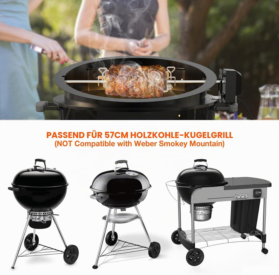 onlyfire PizzaRing Rotisserie Set für Weber 57 cm Kettle Holzkohlegrill, Grillspiess Set Drehspiess