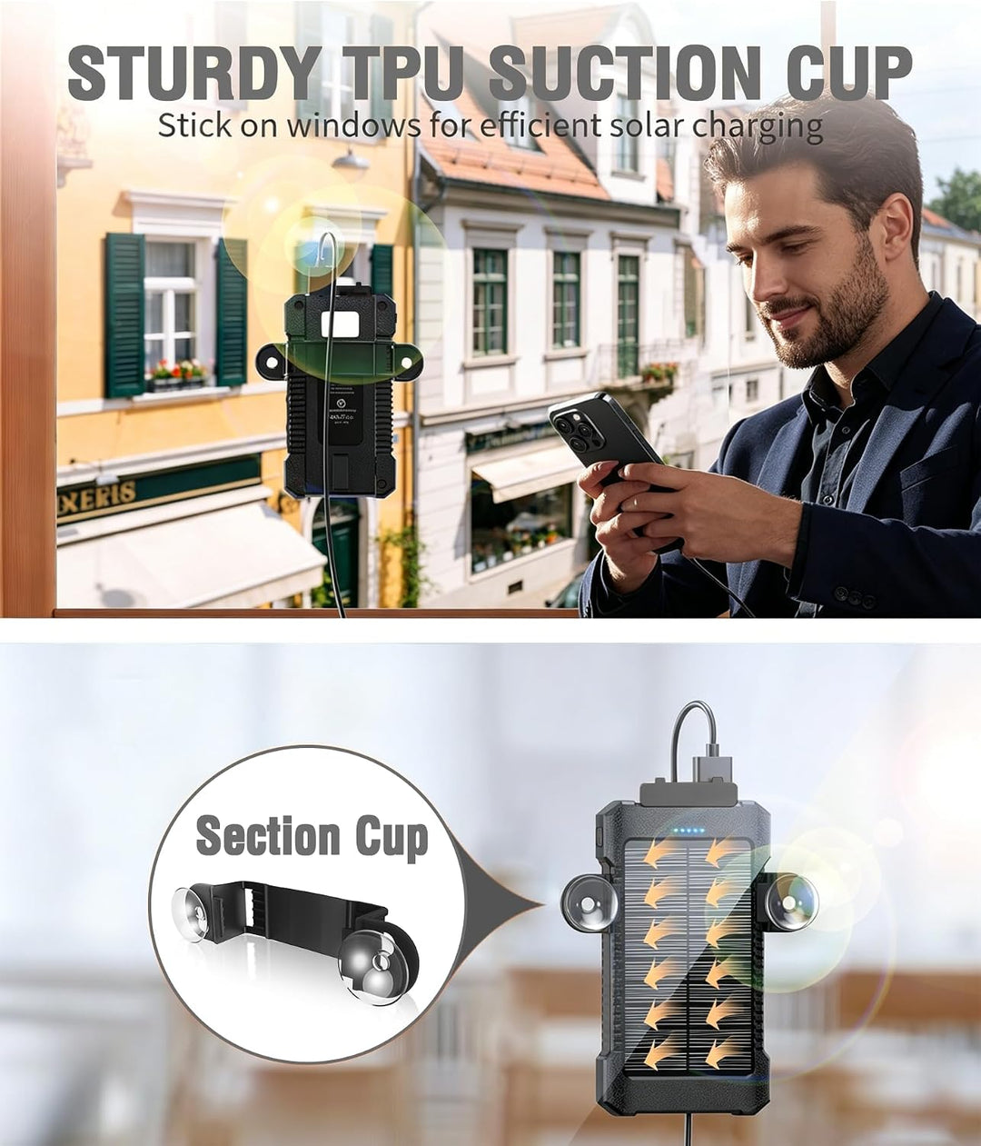 Solar Powerbank 26800 mAh mit Saugnapfhalterung, Powerbank Externe Akkus 3 USB Anschlüsse mit Tasche