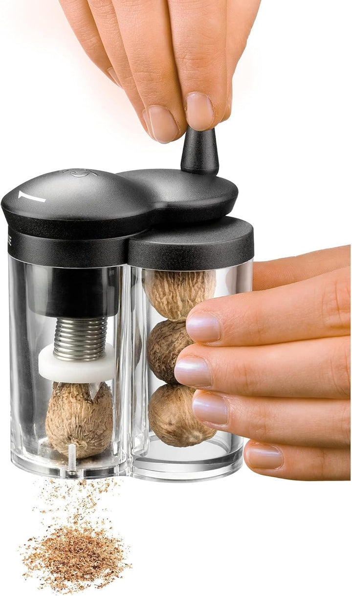 Silit Mulino Muskatmühle mit Reservebehälter, Reibe mit Behälter, Muskatnuss Mühle, Glas, Kunststoff