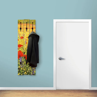 ARTLAND Wandgarderobe Holz mit 5 Haken 45x140 cm Design Garderobe mit Motiv Mohnblumen Blumenwiese H