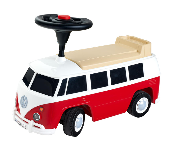 BIG – Bobby Car Baby VW T1 (rot-weiss) - Kinderfahrzeug mit Flüsterreifen, Hupe & Anhängerkupplung -