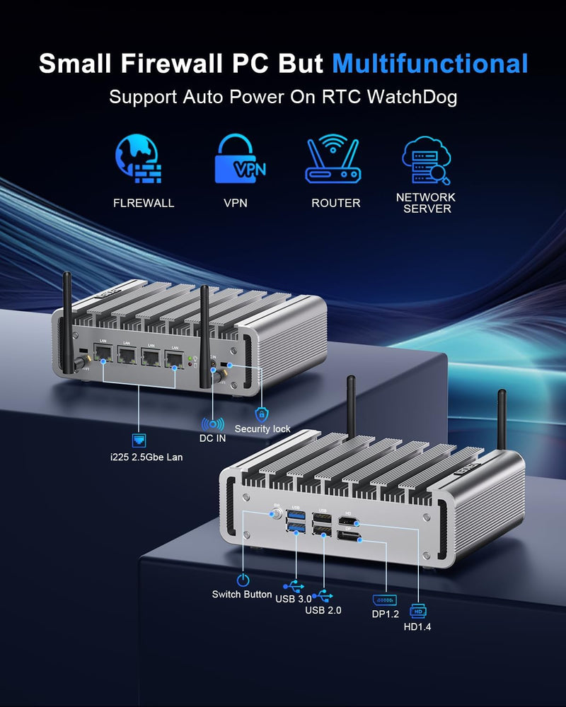 Lüfterloser N100 Firewall Mini PC 2.5Gbe 4 Lan Port, Micro Appliance Router PC, i225 NICs, Alder Lak