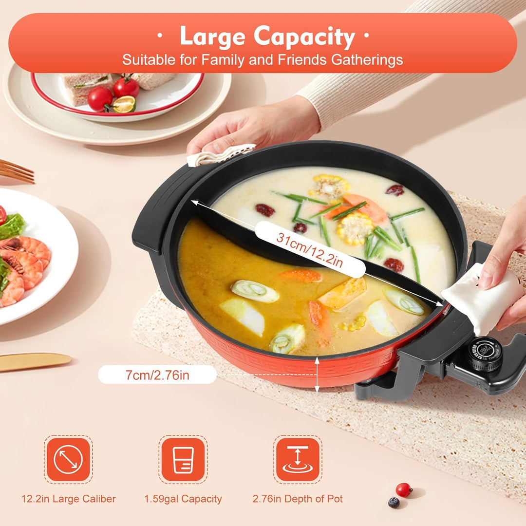 Hot Pot Elektrisch 6L | 1350W Hot Pot Doppelter Topf mit Deckel | Hotpot mit einer präzisen Temperat