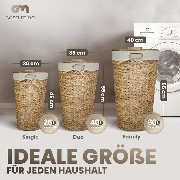 Casa Mina® Wäschekorb mit Deckel D40 x H65cm hoch I Atmungsaktiver Wäschekorb geflochten aus 100% Na