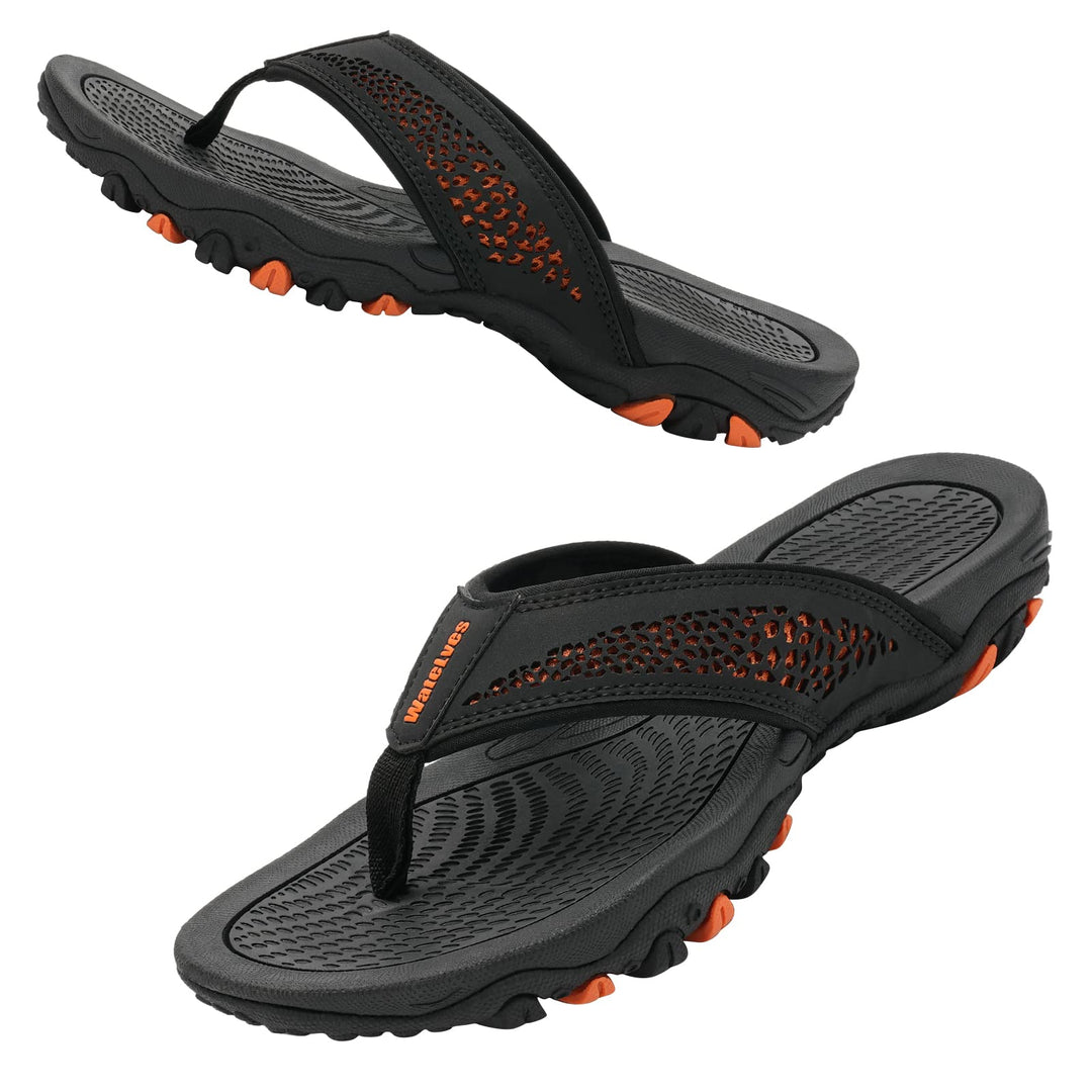 WateLves Herren Flip Flops Zehentrenner Leder mit Arch Support Sandalen Weich Leder Stoff Badelatsch