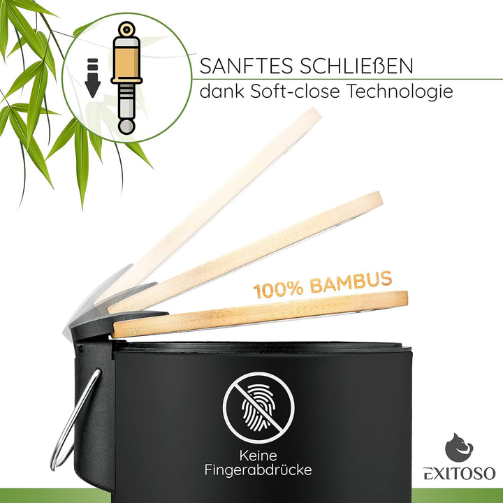 Exitoso kleiner Mülleimer Bad schwarz - Kosmetikeimer 3L Bambus rutschfest - Tretmülleimer Bad aus E