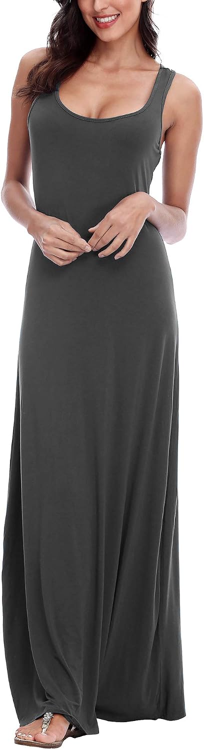 EXCHIC Damen Sommer Leichte Ärmellos Strand Maxi Kleid Elegant Elastisch Tunika Lang Kleider M Dunke