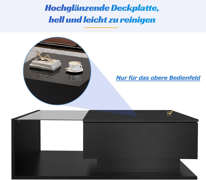 Merax Couchtisch Schwarz Hochglanz mit LED, Moderner Wohnzimmertisch mit Stauraum Schubladen, Glaspl