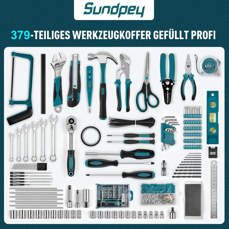 Sundpey Werkzeugkoffer Gefüllt 379 tlg - Allgemeines Werkzeugset für die Heim-/Autoreparatur Werkzeu