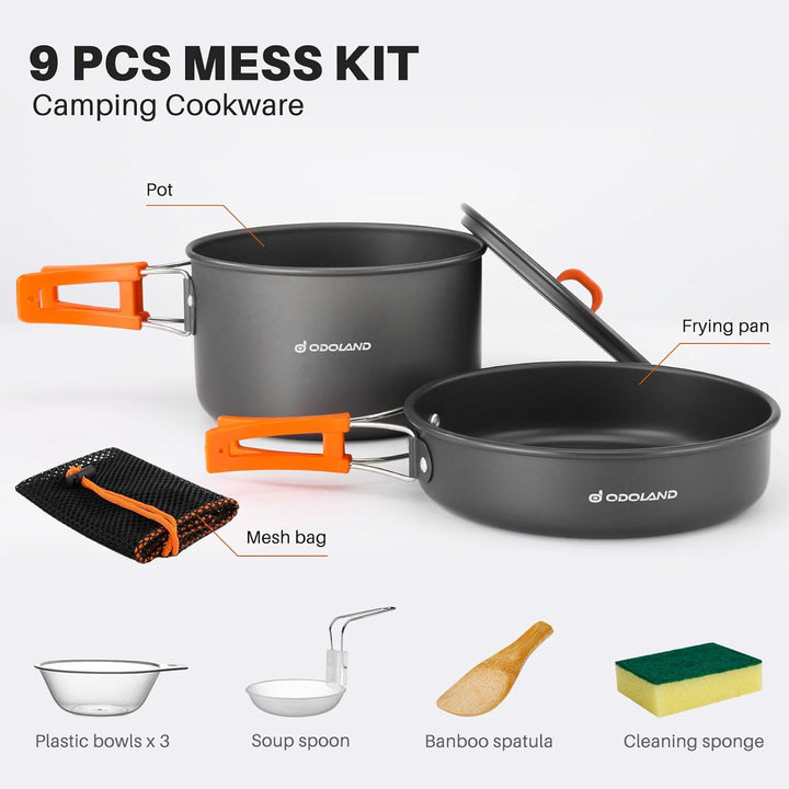 Odoland Camping Kochgeschirr Set, 9-Teilig Outdoor Geschirr Set mit Camping Topf, Camping Bratpfanne