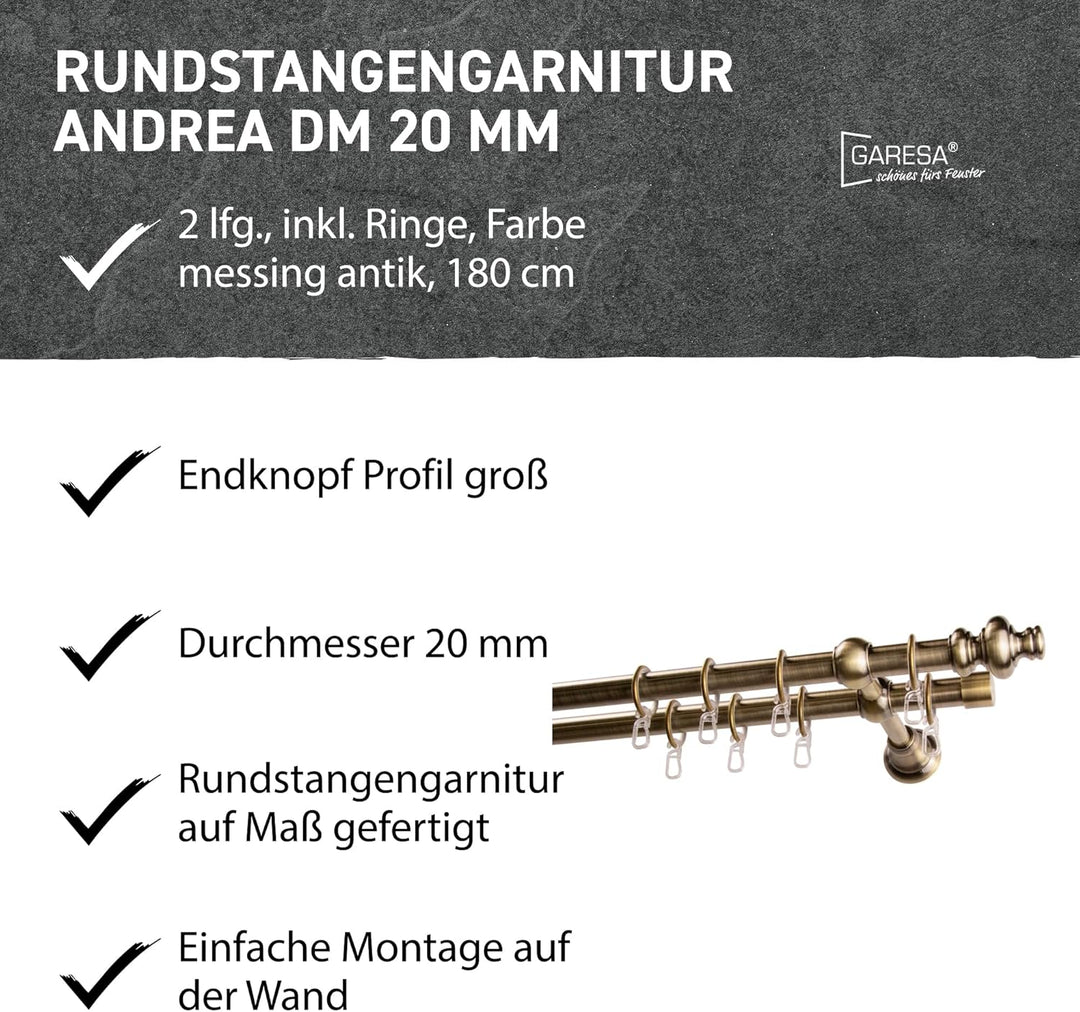 Garesa Gardinenstange Andrea Ø 20mm, 2-läufig, Messing, antik I Stabile Vorhangstange inkl. Ringe +