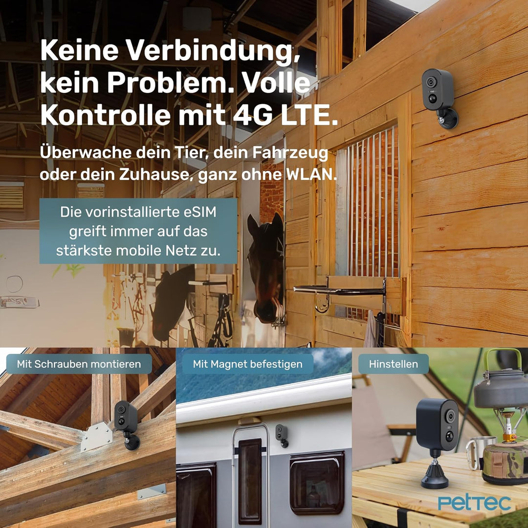 PetTec Cam Free 4G LTE Kamera ohne WLAN [LTE-Tarif kostenpflichtig] – Akku Outdoor Kamera für Stall,
