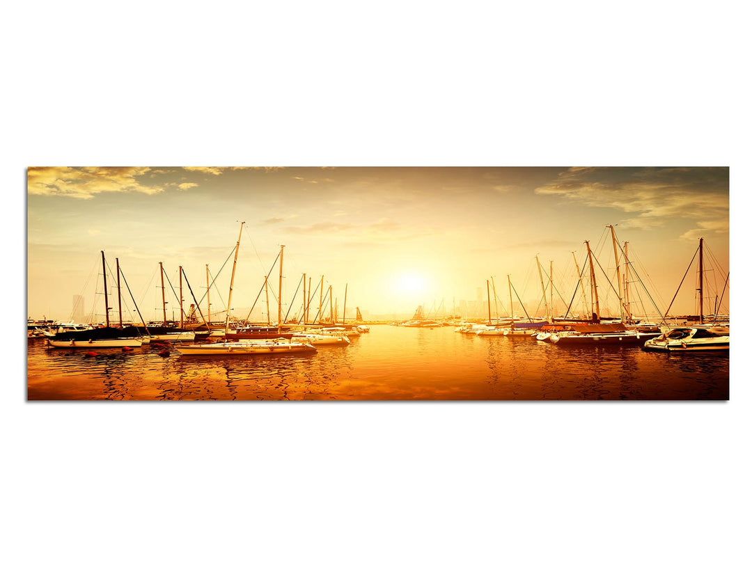 Paul Sinus Art Panoramabild auf Leinwand und Keilrahmen 150x50cm Meer Hafen Boote Abenddämmerung