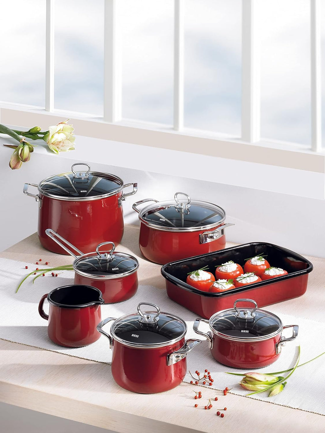 Riess, 0711-008, Kasserolle mit Glasdeckel, NOUVELLE, ROSSO EXTRA STARK, Durchmessser 24 cm, Höhe 17