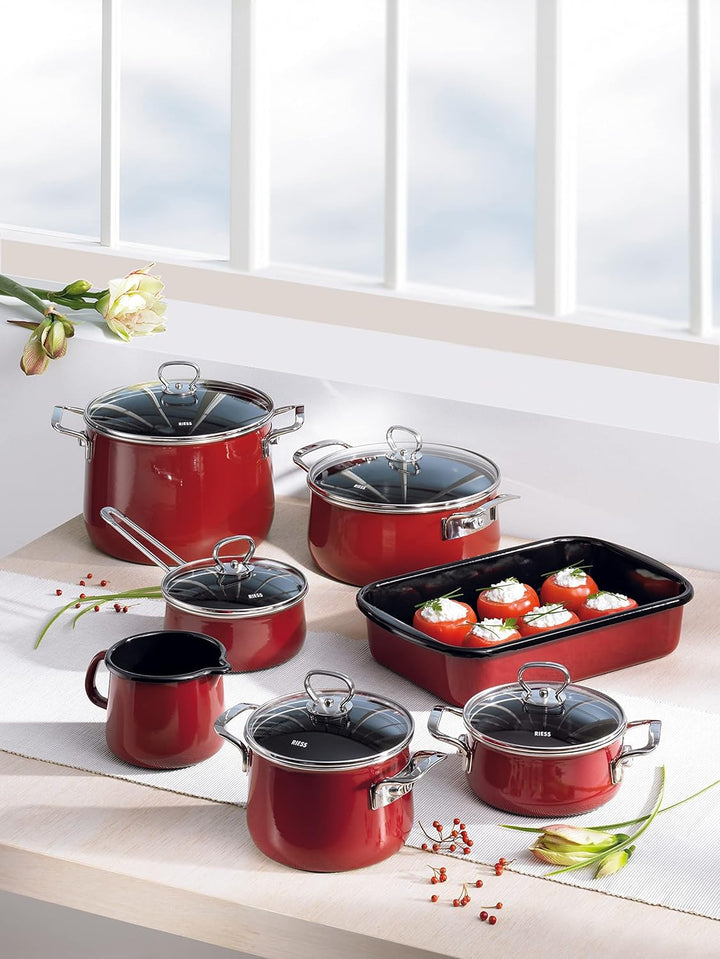 Riess, 0711-008, Kasserolle mit Glasdeckel, NOUVELLE, ROSSO EXTRA STARK, Durchmessser 24 cm, Höhe 17