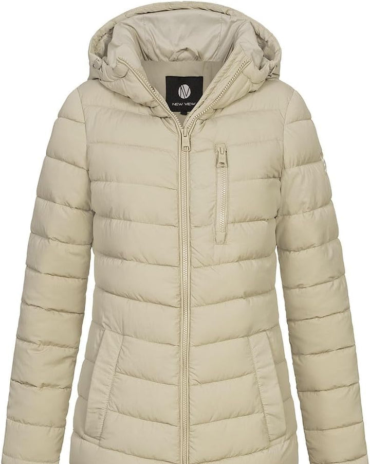 NEW VIEW Damen Jacke Steppmantel Tessa mit Kapuze L Beige (Feather Gray), L Beige (Feather Gray)