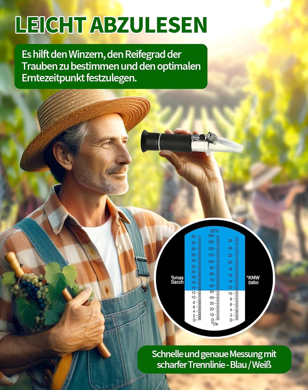 LAOYE Winzer Refraktometer Wein 0-32 Brix (Zucker) 0-140 Öchsle 0-27 KMW Öchslewaage Refraktometer W