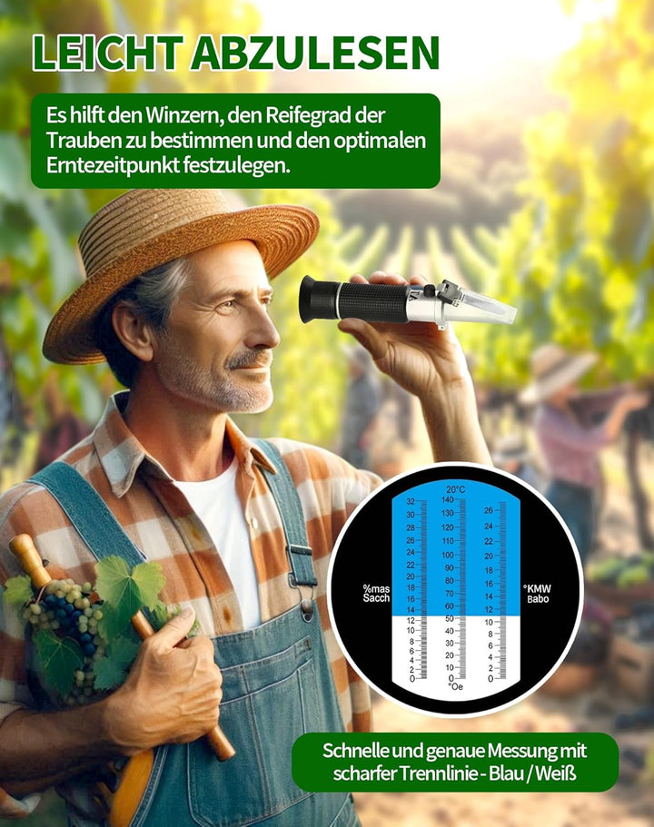 LAOYE Winzer Refraktometer Wein 0-32 Brix (Zucker) 0-140 Öchsle 0-27 KMW Öchslewaage Refraktometer W