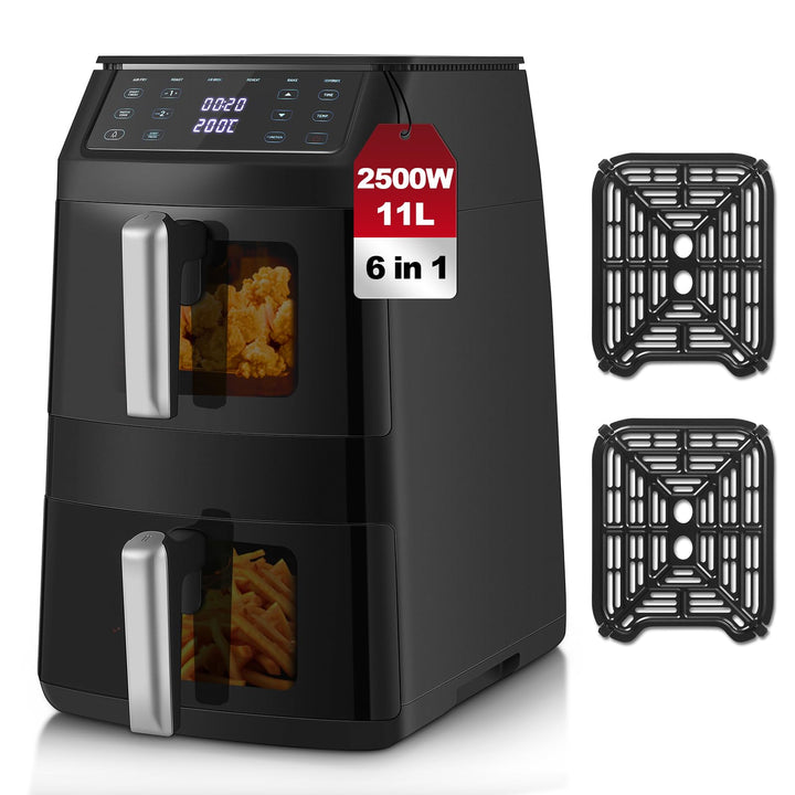 TopStrong Doppelkammer Heissluftfritteuse, 2500W Vertikale Double Stack Airfryer 2 Kammern mit Sicht