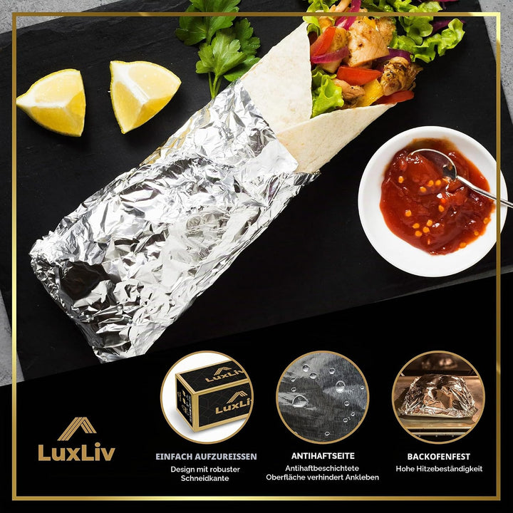 LuxLiv ® 50 m Alufolie - Hochwertige, robuste 20 Mikron dicke Folie, 30 cm breite Küchenfolie für Ca