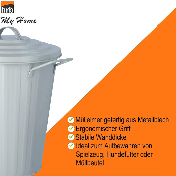 HRB Mülleimer Zink grau, 38 Liter, Vintage Design, sehr stabil mit Deckel- geeignet als Mülleimer Kü