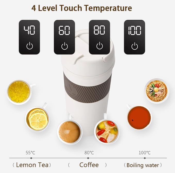 Besmall 350ml Reisewasserkocher Klein, 4-Temperatur Wasserkocher für Unterwegs Doppelschicht 304 Ede