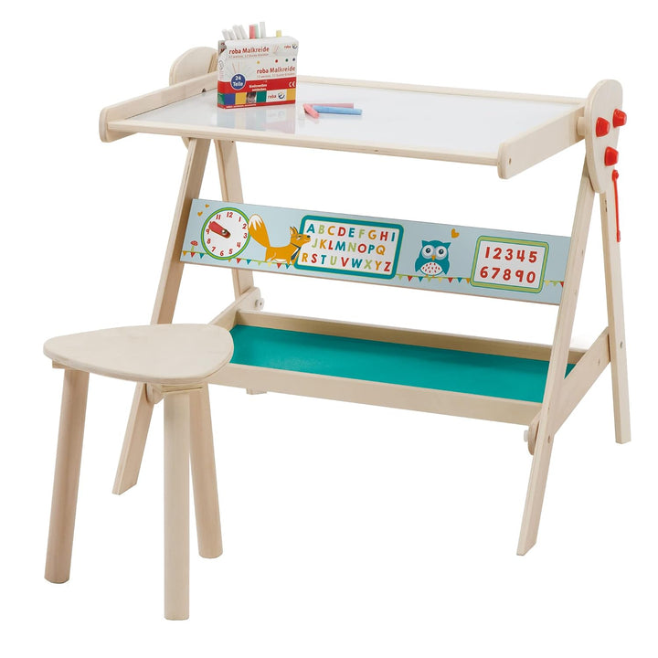 roba Tafel & Kinder-Sitz-Set, Kindertafel wandelbar zu Tisch-Stuhl-Set, Schreibtafel, Holz natur Sta