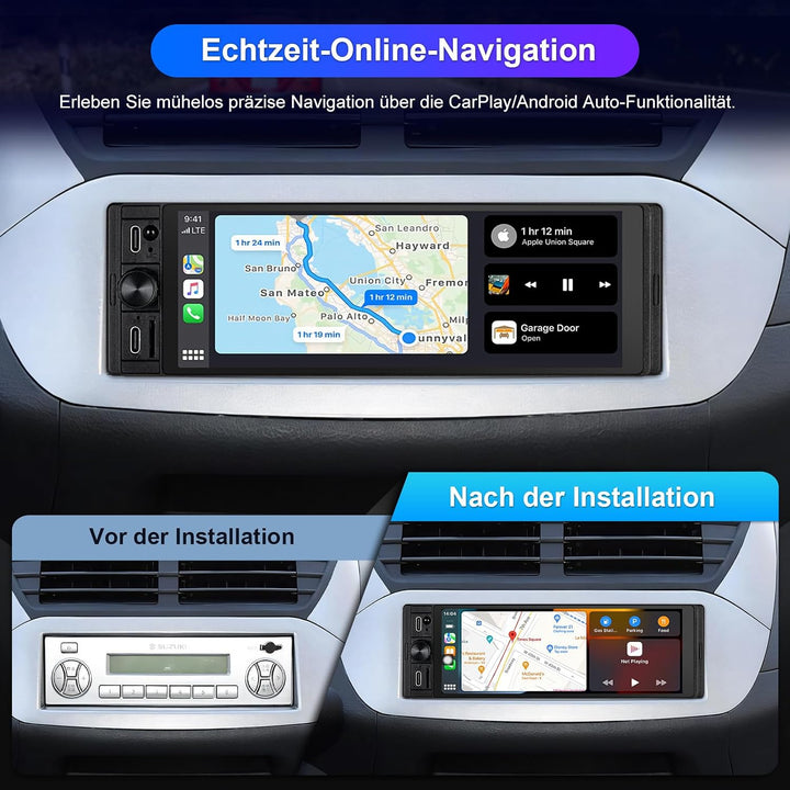 1Din Car Radio with Wireless Carplay &amp; Android Auto, Bluetooth Autoradio 1Din mit 6,28 Zoll HD IPS B